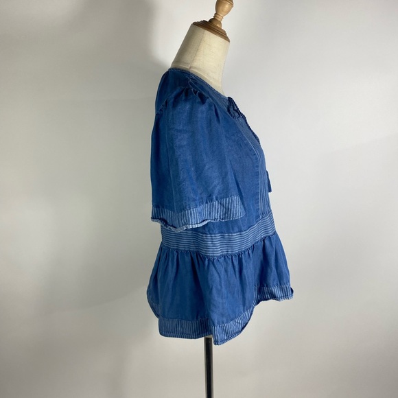 KATE SPADE Indigo Railroad Chambray Short Sleeve Peasant Top womens XS - Picture 3 of 6